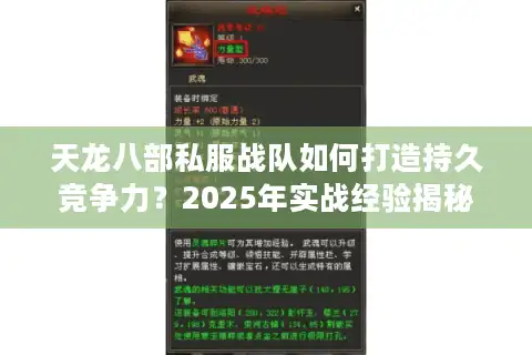 天龙八部私服战队如何打造持久竞争力？2025年实战经验揭秘