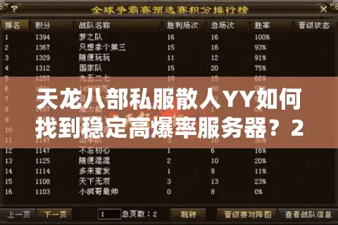 天龙八部私服散人YY如何找到稳定高爆率服务器？2025年实测攻略